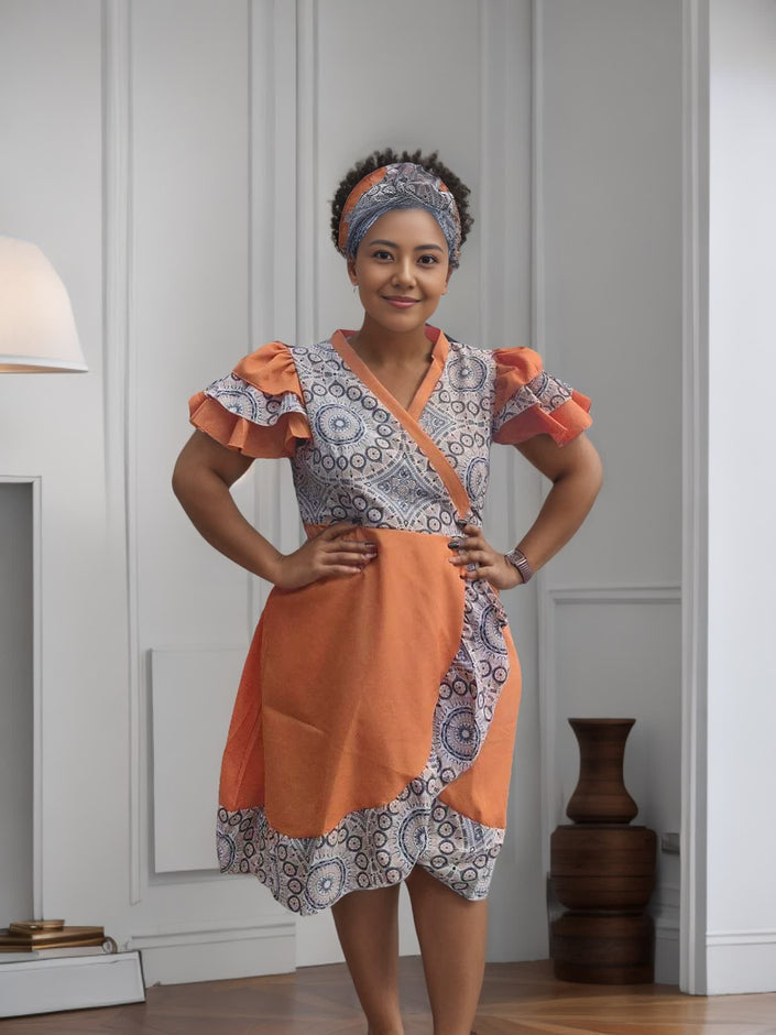 Orange wrap dress with ruffle puff sleeves and blue circular printed motif, V-neck.