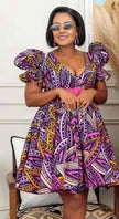 Puff-sleeve African print dress, V-neck, purple with yellow patterns