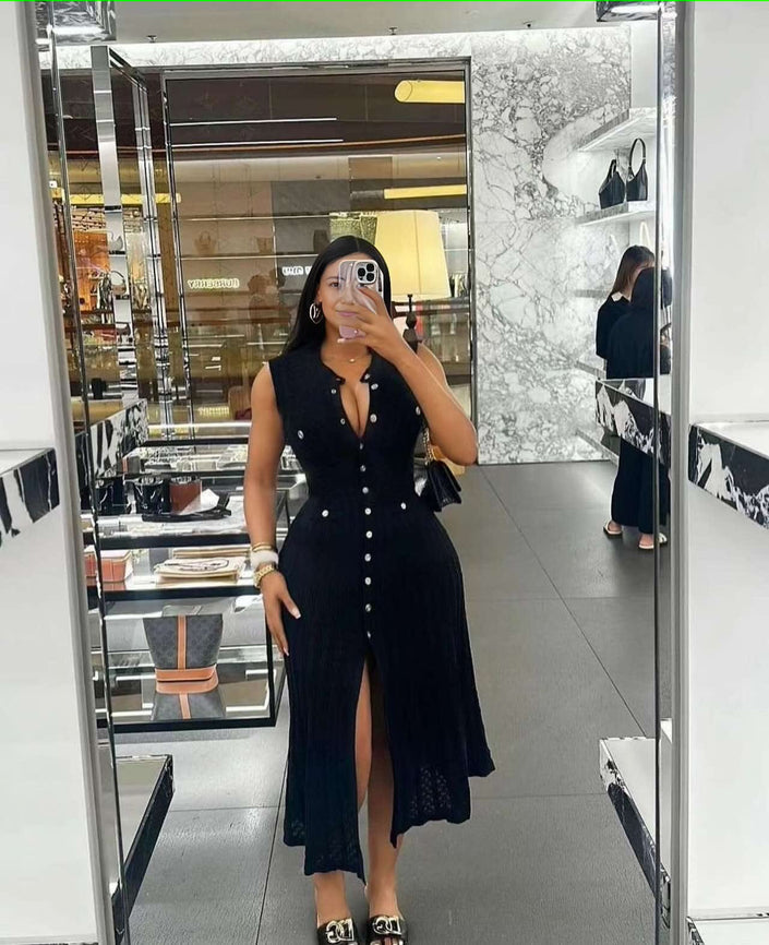 Black sleeveless knit maxi dress with front buttons and V-neckline, fitted waist