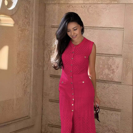 Rose-red sleeveless knit maxi dress with front buttons and textured knit paneling