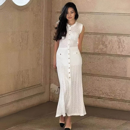White sleeveless knit maxi dress with button front, textured panels and long skirt