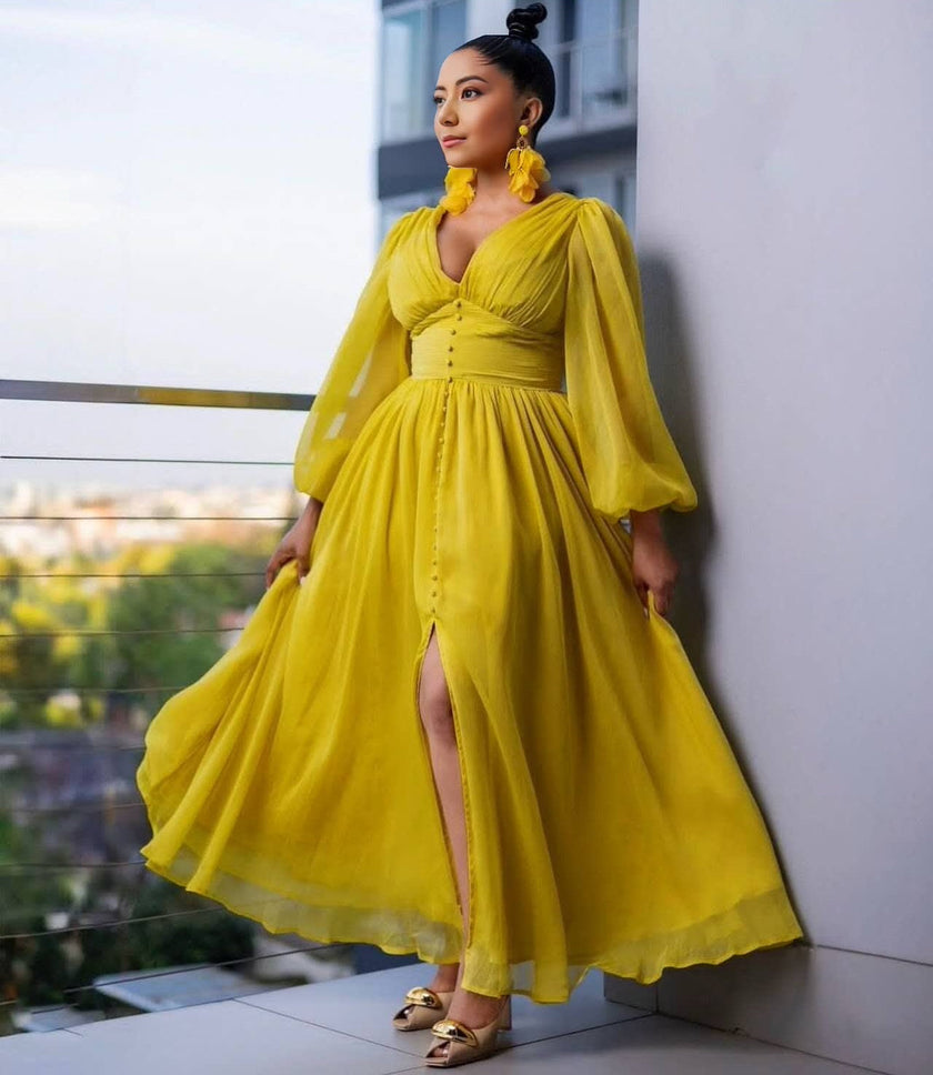 Long Sleeve V-Neck High Waist Slit Dress