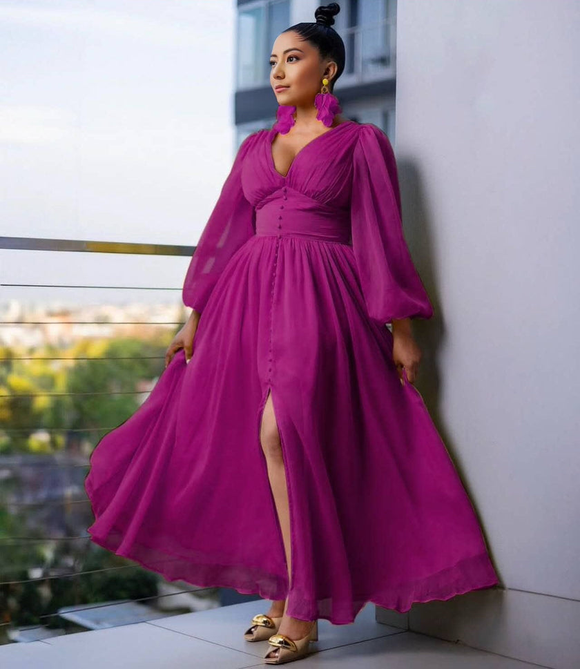 Long Sleeve V-Neck High Waist Slit Dress