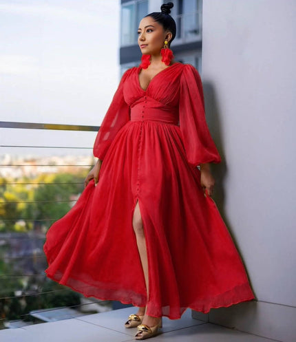 Red puff-sleeve evening maxi dress with V-neck, button front, and side slit