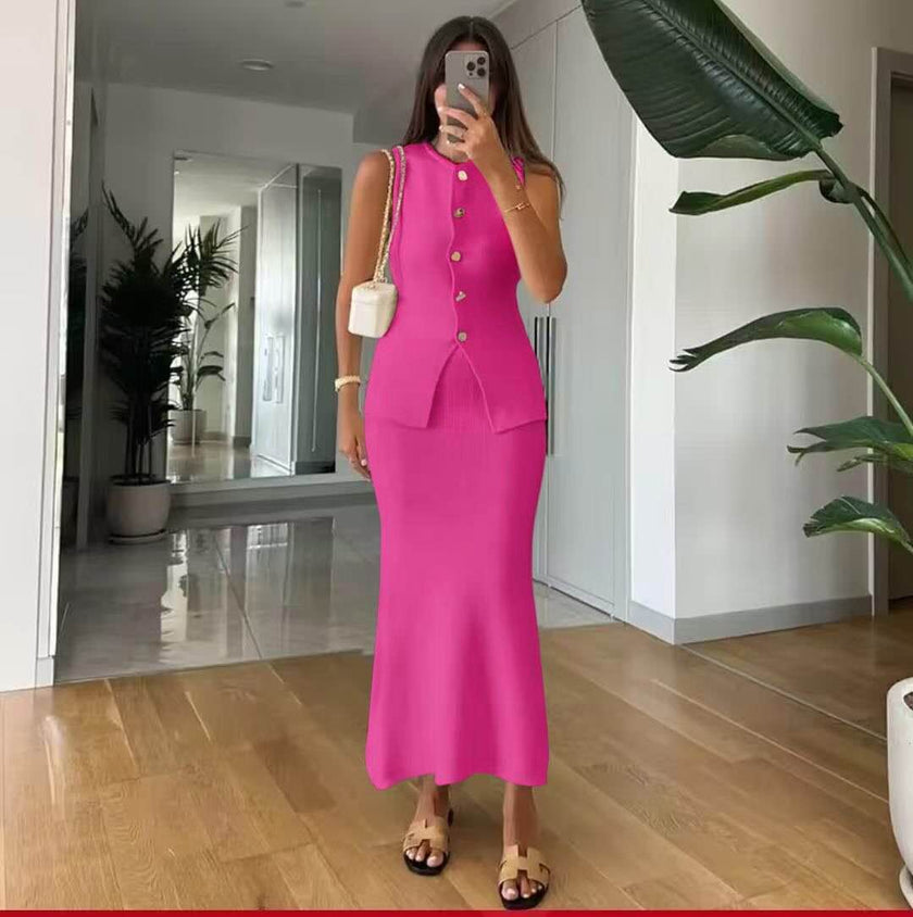 Fashionable and Elegant Knitted Sleeveless Cardigan and Long Skirt Two-Piece Set