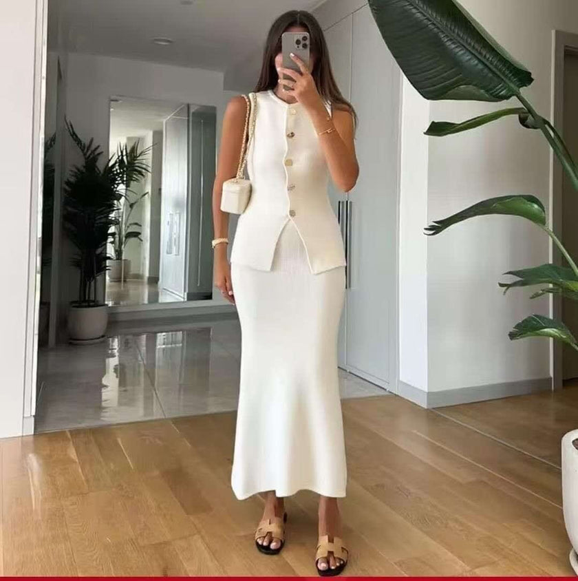 Fashionable and Elegant Knitted Sleeveless Cardigan and Long Skirt Two-Piece Set