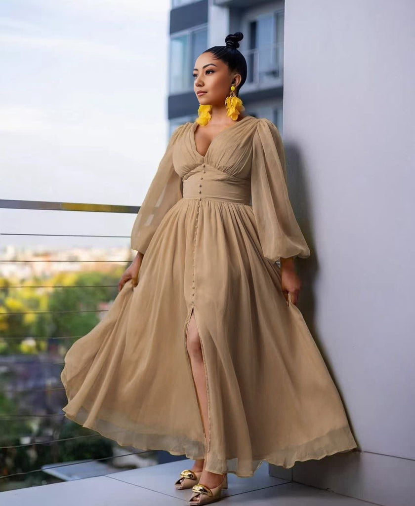 Long Sleeve V-Neck High Waist Slit Dress