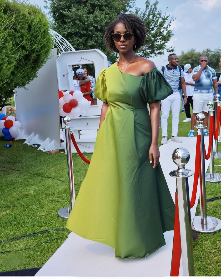 Elegant Asymmetrical One-Shoulder Puff Sleeve Maxi Dress