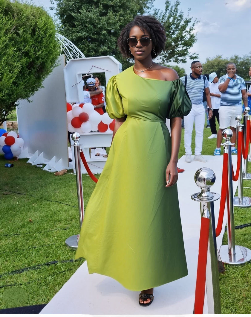 Elegant Asymmetrical One-Shoulder Puff Sleeve Maxi Dress