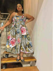 Floral maxi dress with wide straps, gathered bodice, full skirt in light gray