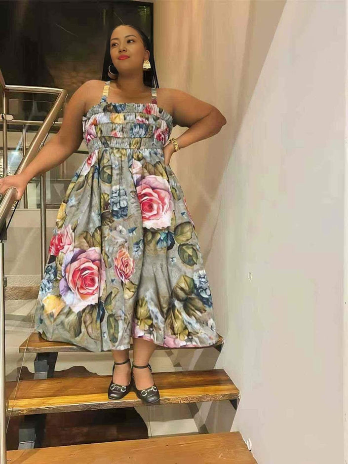Floral maxi dress with wide straps, gathered bodice, full skirt in light gray