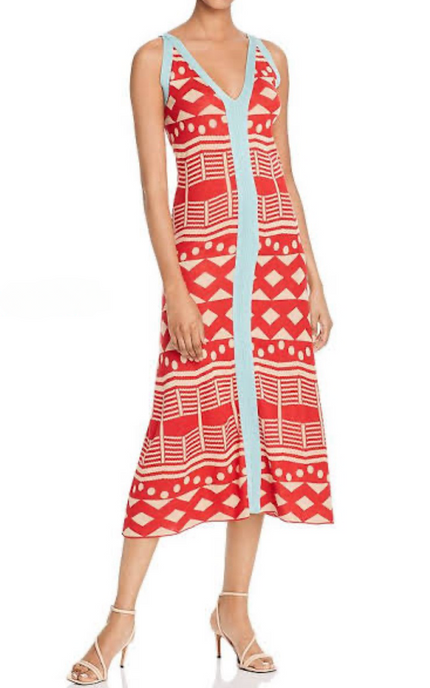 Sleeveless V-neck knit midi dress, red with geometric pattern and light blue trim