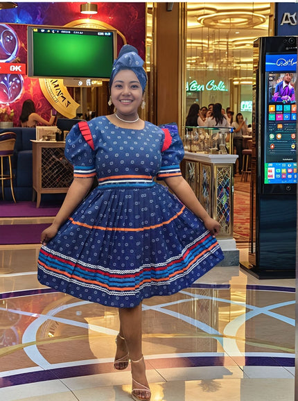 Dress Traditional African Puff Sleeve Stripe Chic