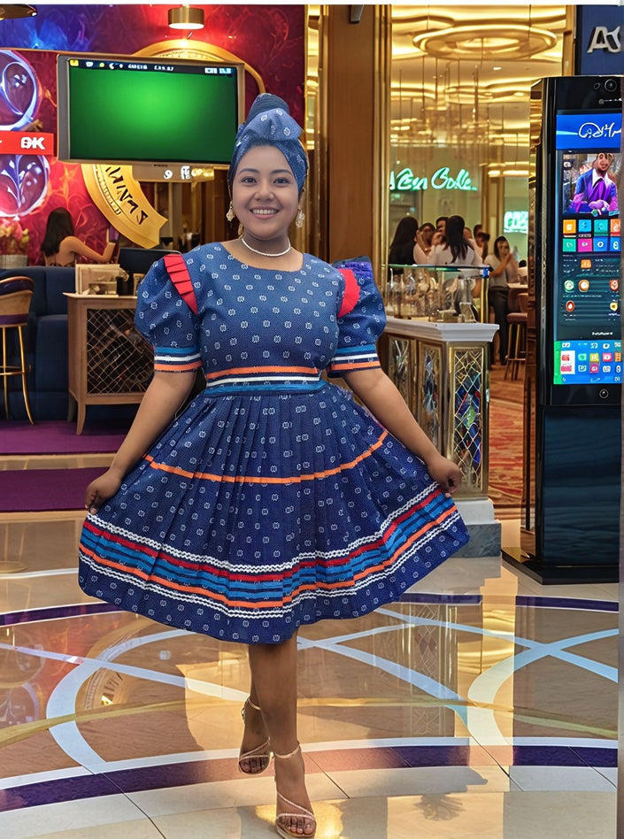 Blue puff-sleeve midi dress with striped trim and patterned skirt