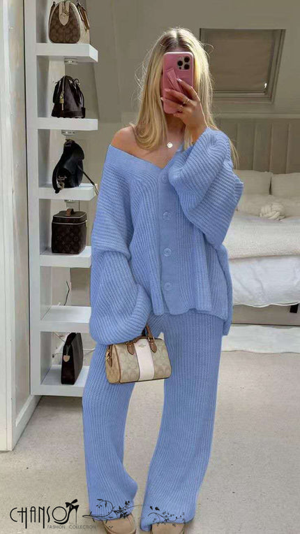 Sky-blue knit twin set with button cardigan and matching wide-leg pants