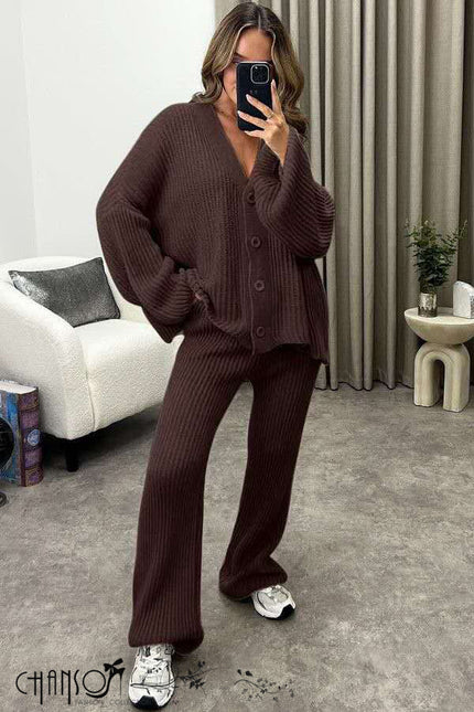 Coffee-brown knit twin set: oversized button cardigan and matching flared pants