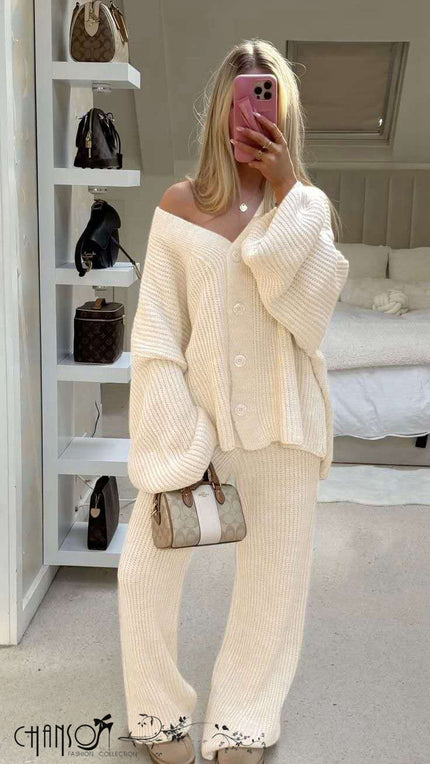 Cream knit twin set with button cardigan and matching wide-leg pants