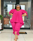 Deep pink ruffle-sleeve twin set with peplum top and pull-on stretch waist pants