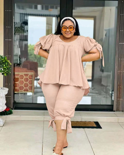 Peach ruffle-sleeve twin set with peplum top and pull-on stretch waist pants