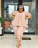 Peach ruffle-sleeve twin set with peplum top and pull-on stretch waist pants