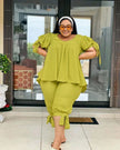 Green ruffle-sleeve twin set with peplum top and pull-on stretch waist pants