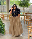 Puff-Sleeve Dress with Button Accents and Maxi A-Line Skirt