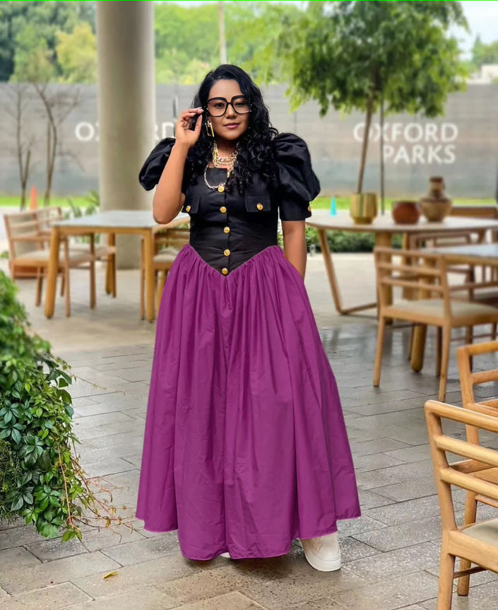 Maxi A-line dress with puff sleeves, button bodice, gathered skirt in purple