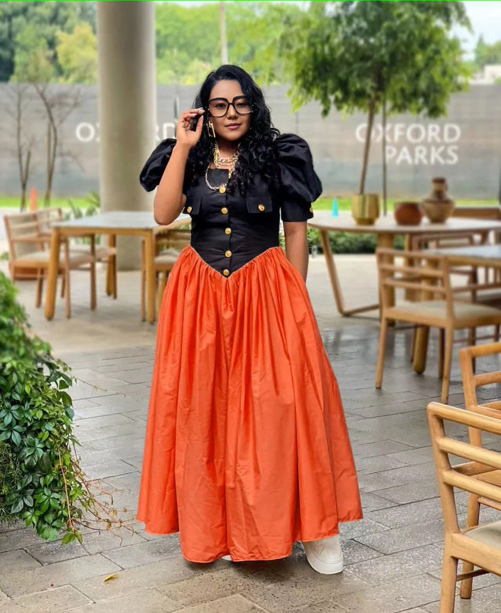 Maxi A-line dress with puff sleeves, button bodice, gathered skirt in orange