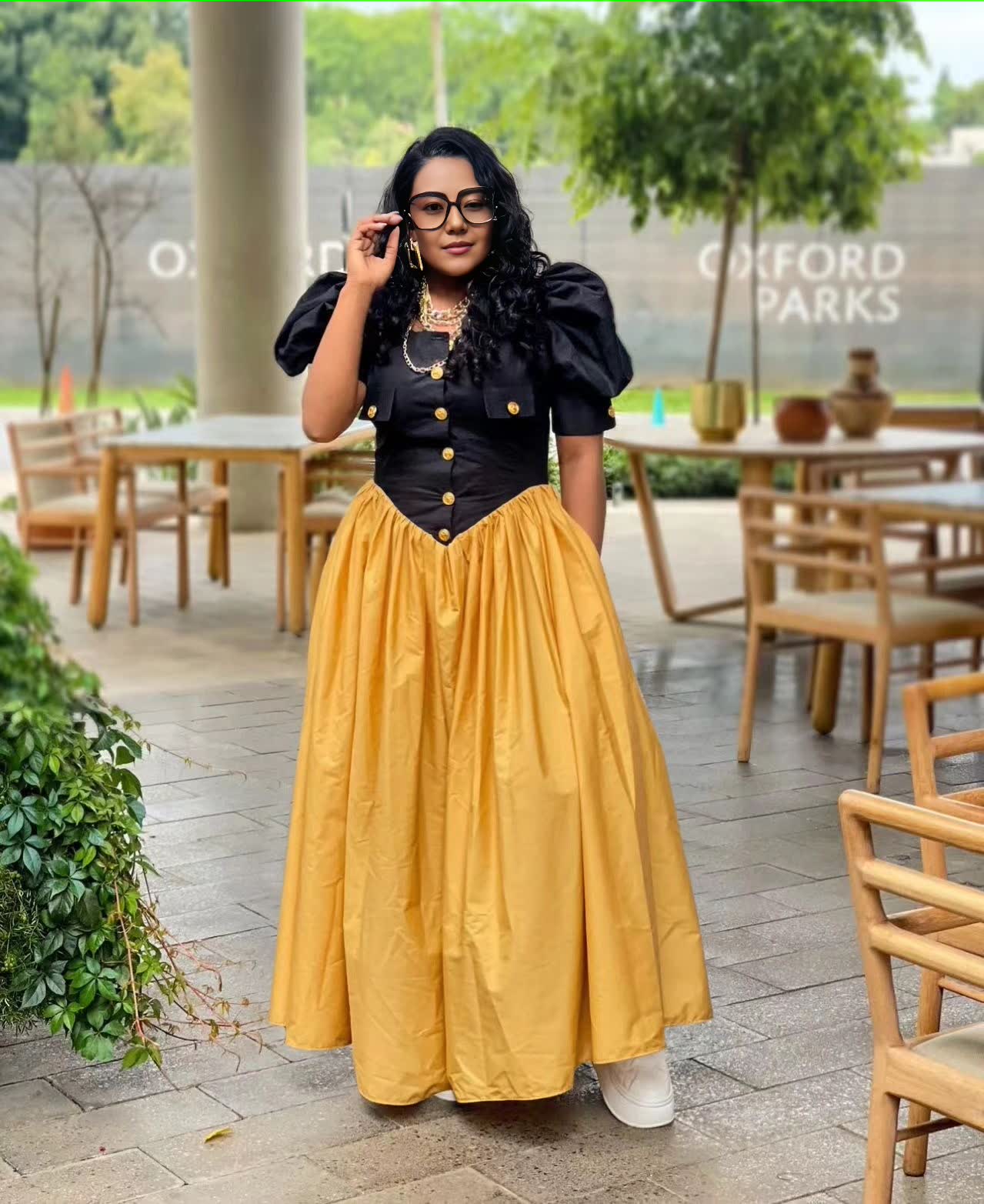 Maxi A-line dress with puff sleeves, button bodice, gathered skirt in yellow