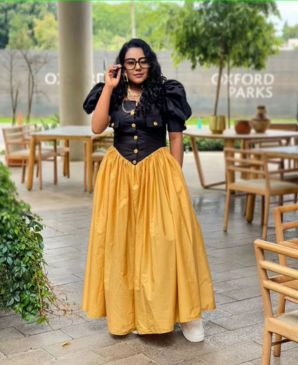 Maxi A-line dress with puff sleeves, button bodice, gathered skirt in yellow