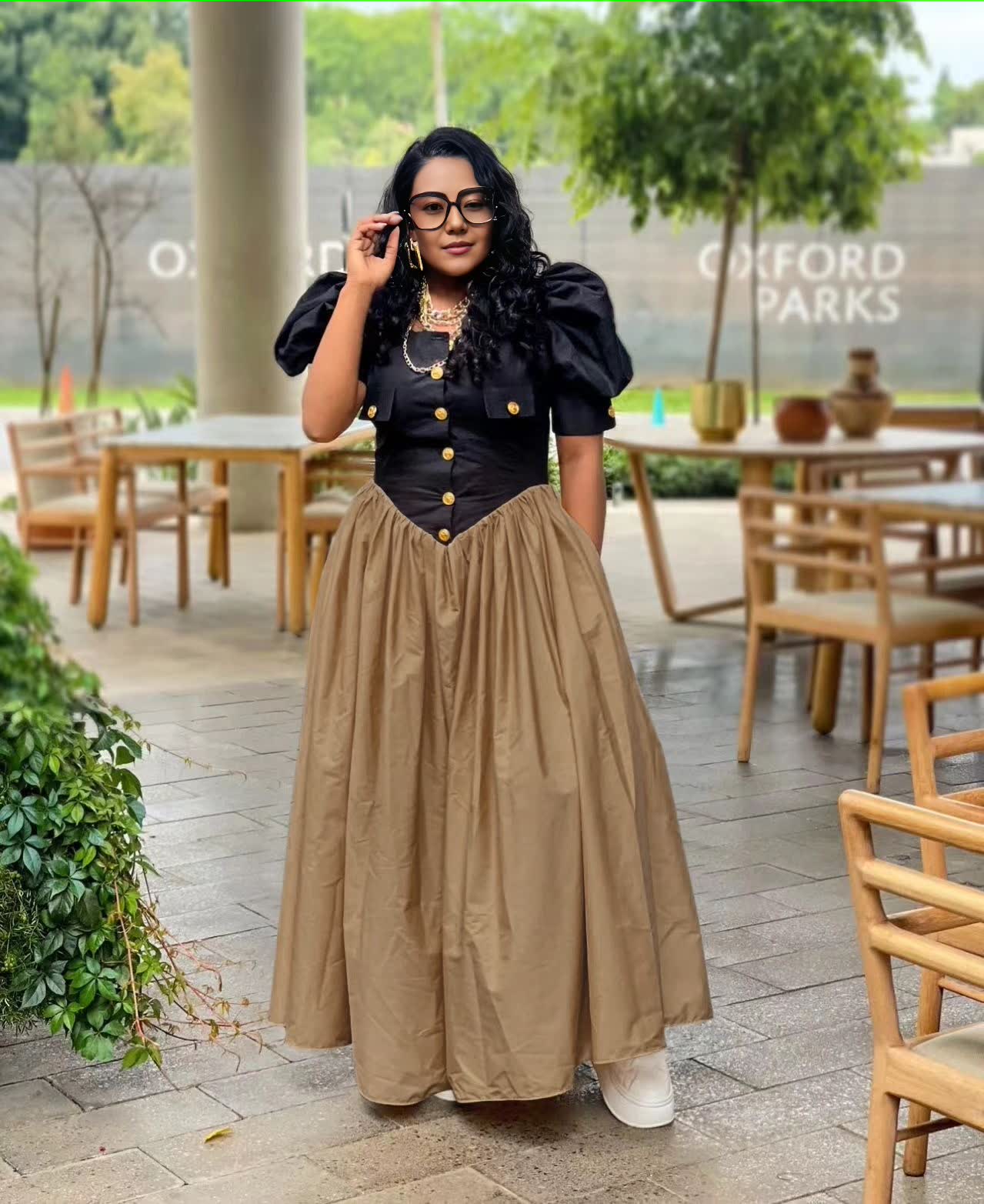 Maxi A-line dress with puff sleeves, button bodice, gathered skirt in khaki