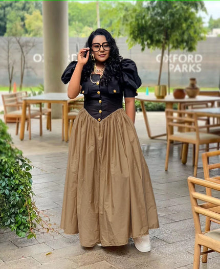 Maxi A-line dress with puff sleeves, button bodice, gathered skirt in khaki