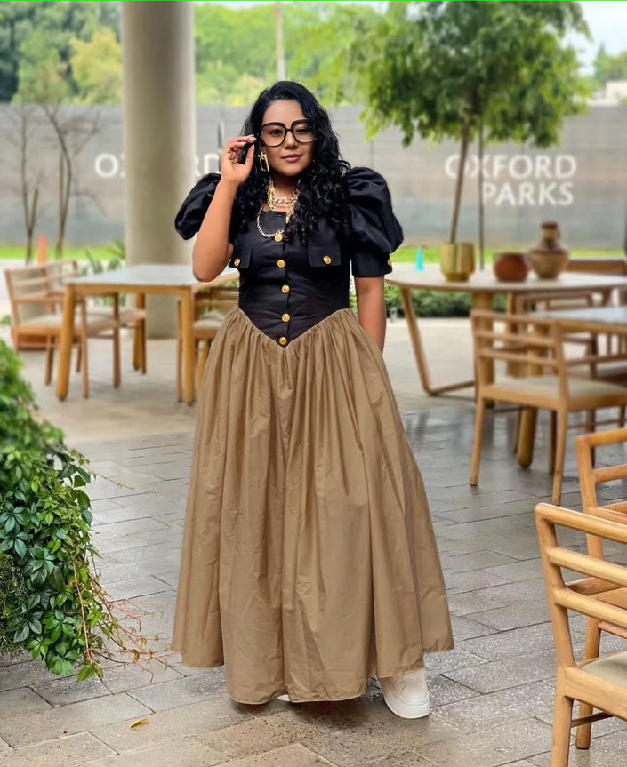 Maxi A-line dress with puff sleeves, button bodice, gathered skirt in khaki