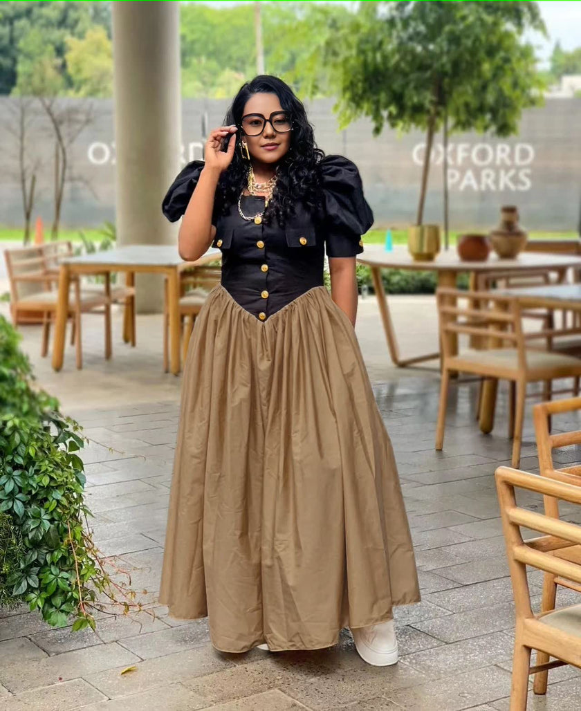 Maxi A-line dress with puff sleeves, button bodice, gathered skirt in khaki