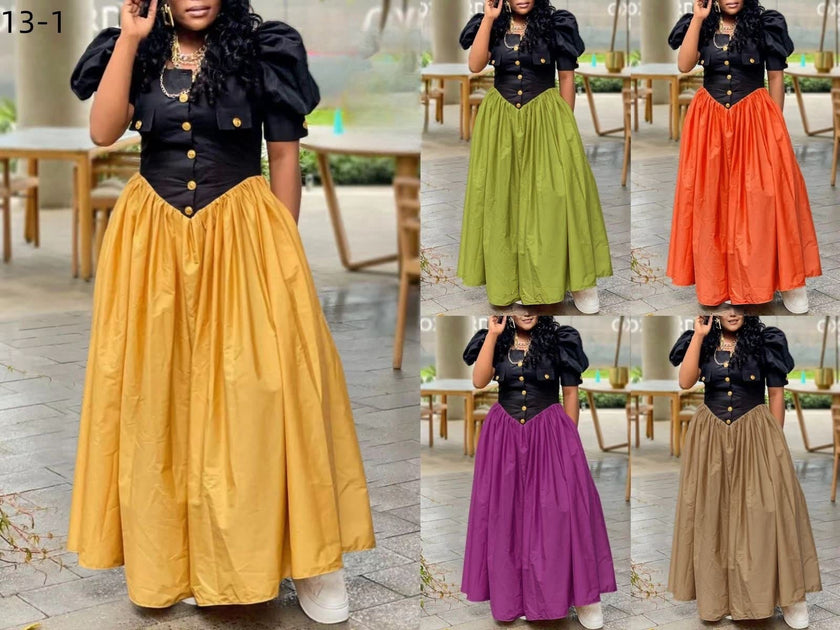 Puff-Sleeve Dress with Button Accents and Maxi A-Line Skirt