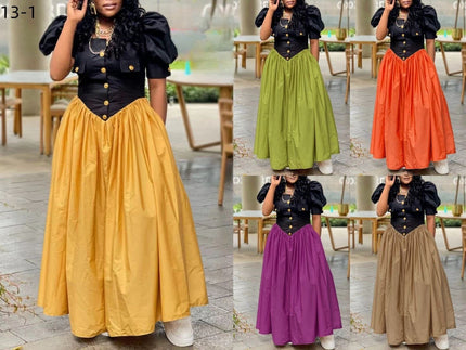 Maxi A-line dress with puff sleeves, button bodice, gathered skirt (multiple colors)