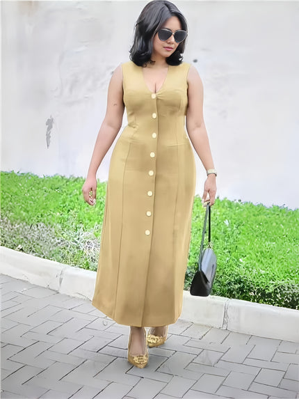 Yellow V-neck button midi dress, sleeveless with fitted waist and front button placket