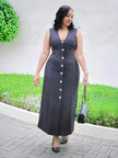 Black V-neck button midi dress, sleeveless with fitted waist and front button placket