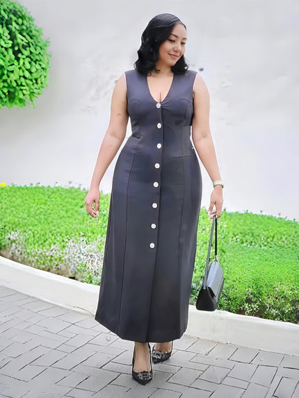 Black V-neck button midi dress, sleeveless with fitted waist and front button placket