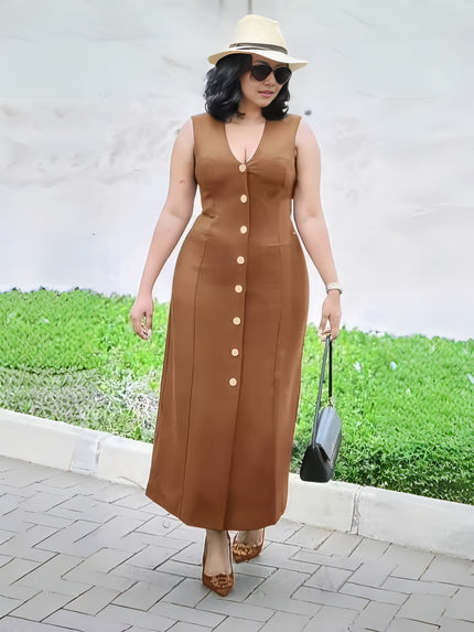 Brown V-neck button midi dress, sleeveless with fitted waist and front button placket