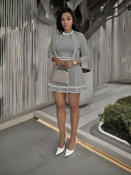 Light gray knit cardigan and mini skirt set with geometric stripe border