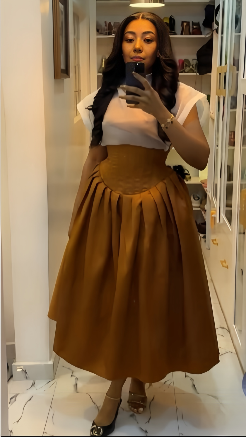 Elegant Sheer-Sleeve Top & Pleated Midi Skirt Twin Set