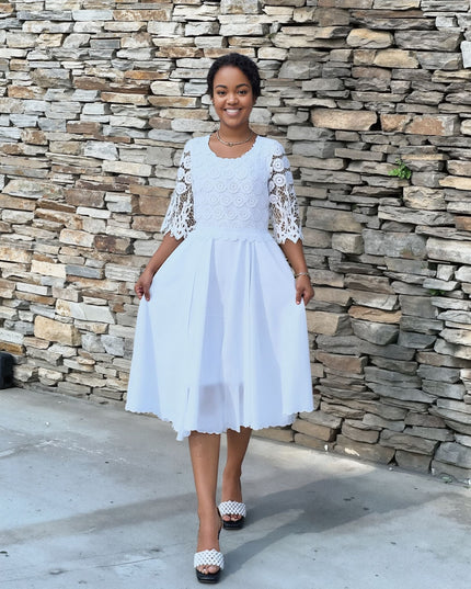 White lace midi dress with scalloped neckline, 3/4 flare sleeves, full skirt