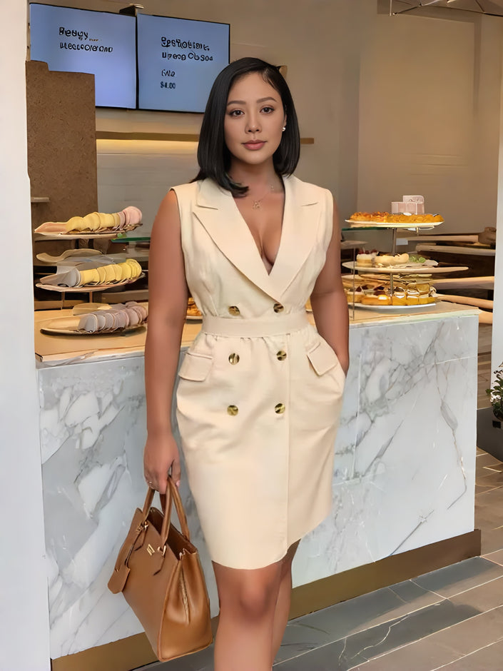 FashionPrice Sleeveless Trench Dress Gold Button Accent