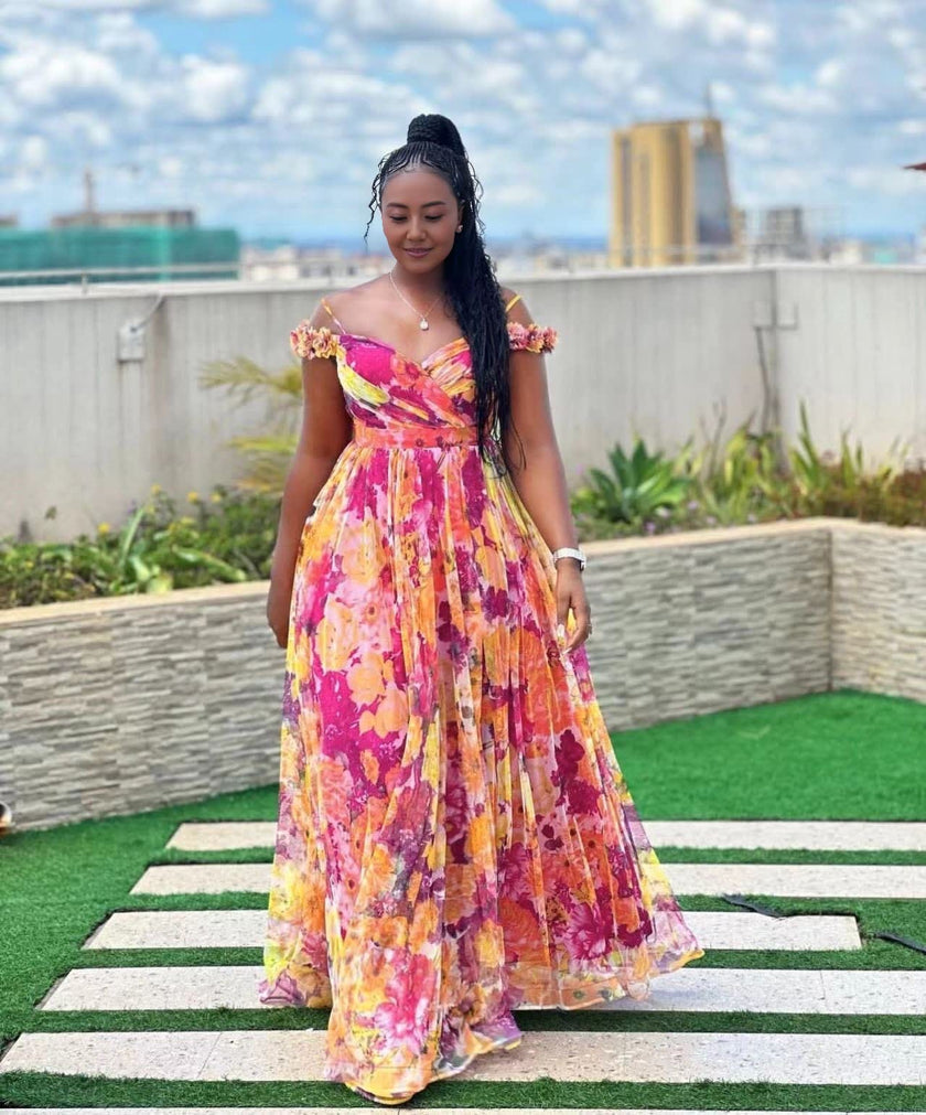 Floral Print Maxi Dress with Puffed Sleeves and Sweetheart Neckline