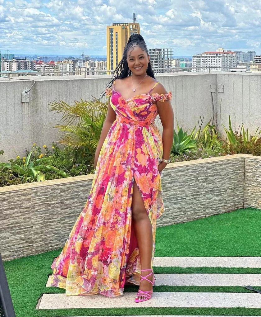 Floral Print Maxi Dress with Puffed Sleeves and Sweetheart Neckline