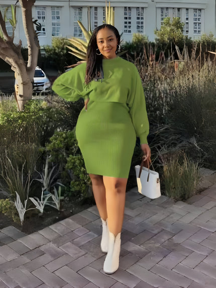 Knit midi dress with puff sleeves, lime-green ribbed knit top and fitted midi skirt