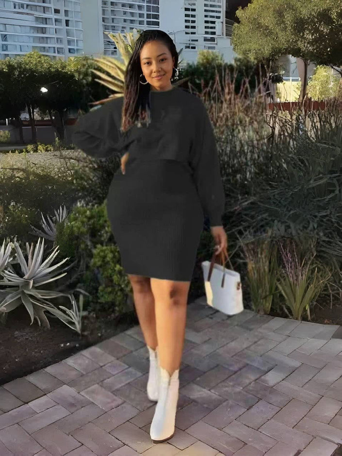 Knit midi dress with puff sleeves, black ribbed knit top and fitted pencil skirt