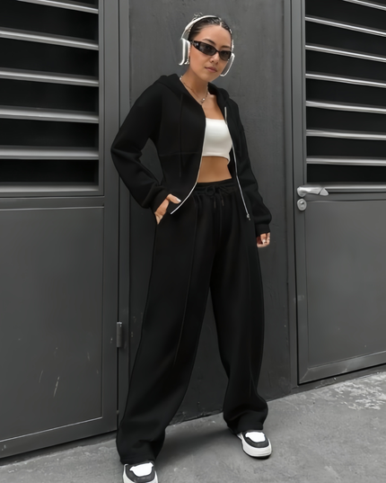 Casual Hooded Zip Sweatshirt Set Loose Fit Chic