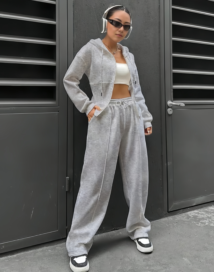 Casual Loose Hooded Zip-Up Sweatshirt Set